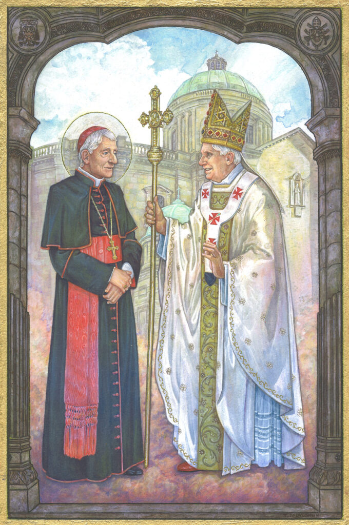 Benedetto XVI incontra Newman. Pittura di Timothy McLaughlin.